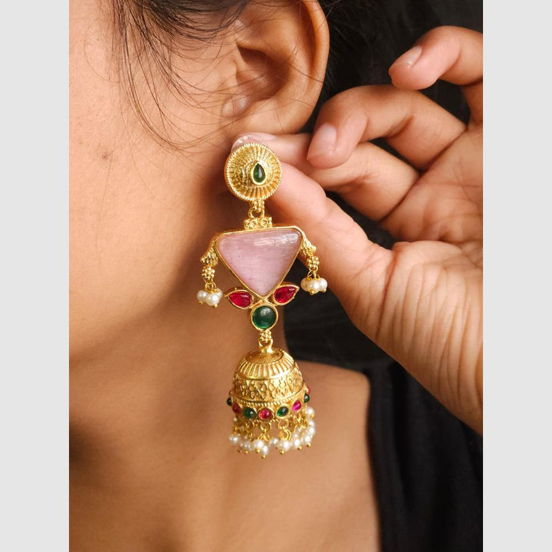 FS Collection Gold Plated Pota Stone And Pearls Jhumki Earrings