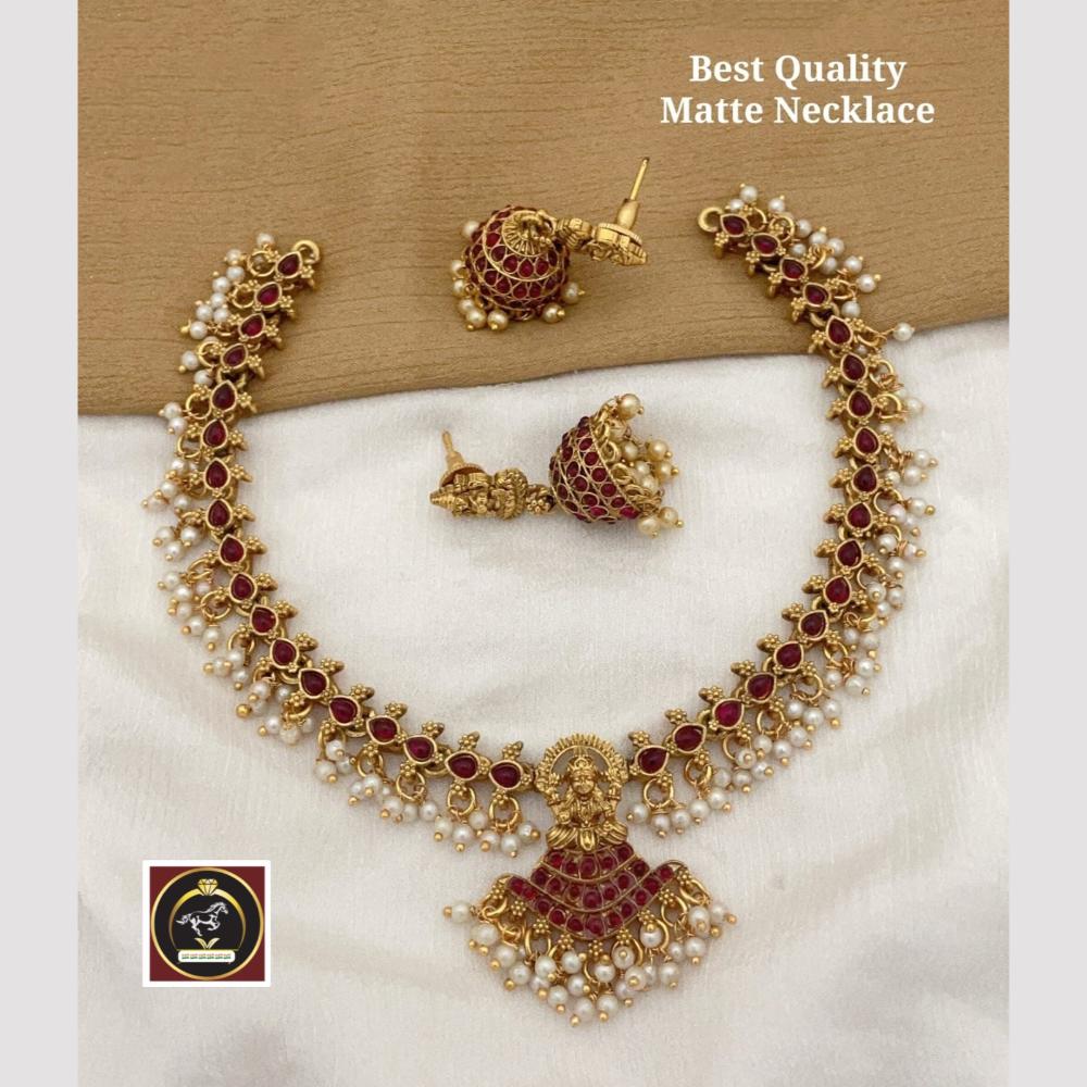 FS Collection Gold Plated Pota Stone And Pearls Temple Necklace Set
