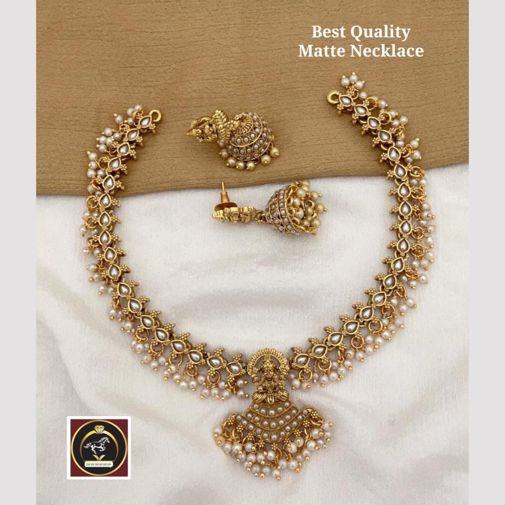 FS Collection Gold Plated Pota Stone And Pearls Temple Necklace Set
