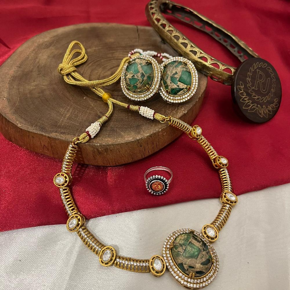 FS Collection Gold Plated Druzy Crystal Stone Necklace Set