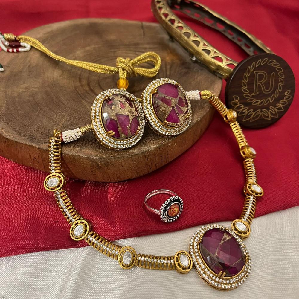 FS Collection Gold Plated Druzy Crystal Stone Necklace Set