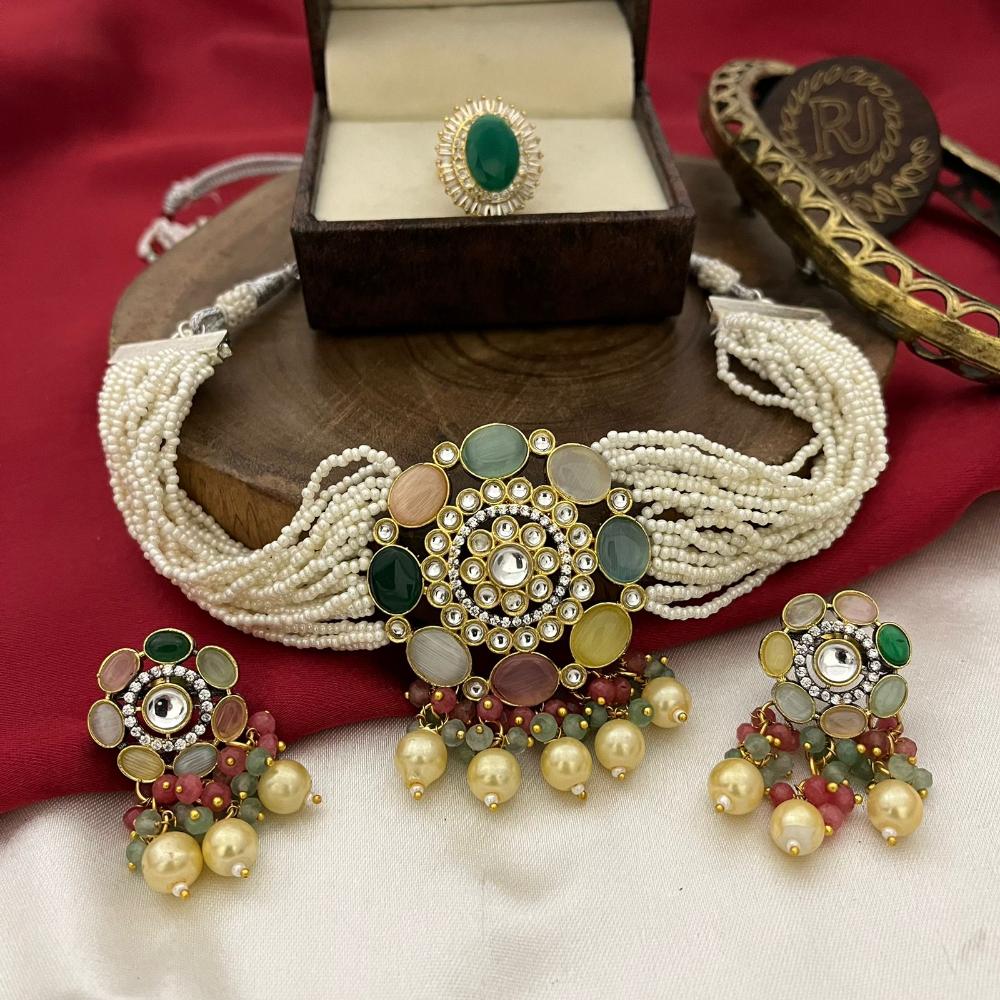 FS Collection Gold Plated Kundan Stone And Beads Choker Necklace Set