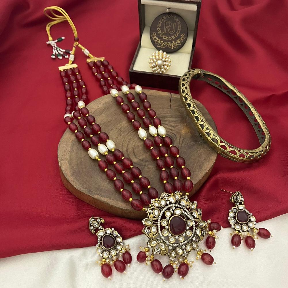 FS Collection Gold Plated Polki Kundan Stone And Beads Necklace Set