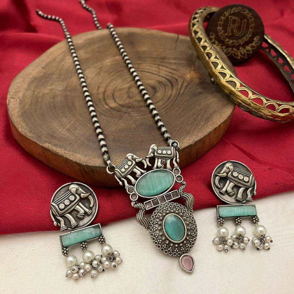 FS Collection Oxidised Plated Pota Stone And Pearls Long Necklace Set