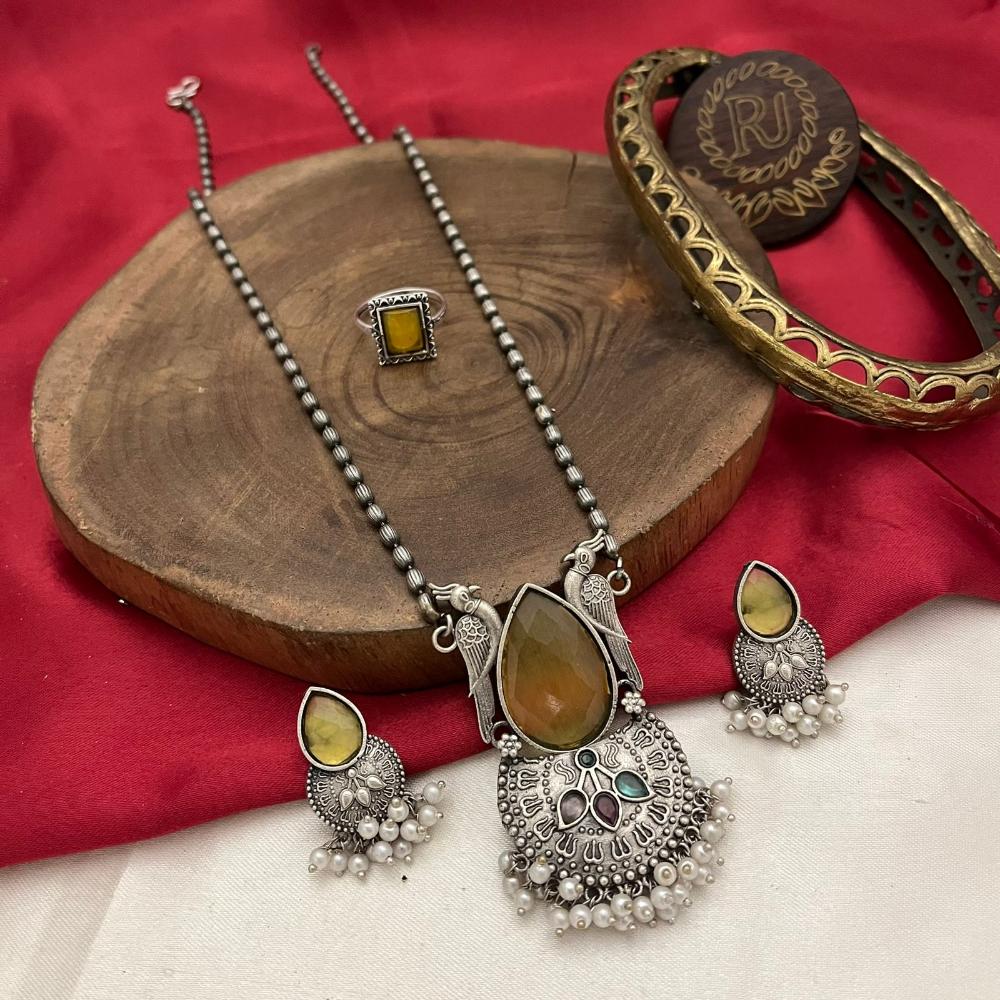 FS Collection Oxidised Plated Pota Stone And Pearls Long Necklace Set