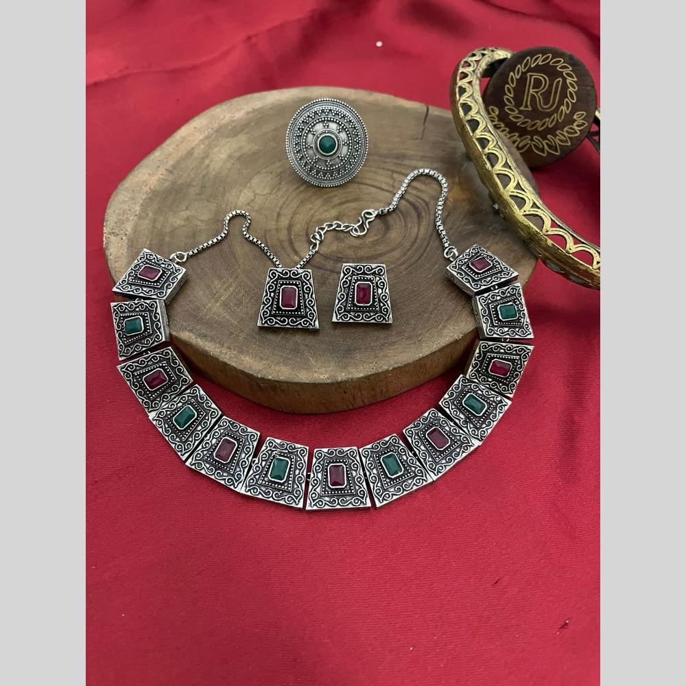 FS Collection Oxidised Plated Pota Stone Necklace Set