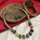 FS Collection Oxidised Plated Pota Stone And Beads Necklace Set