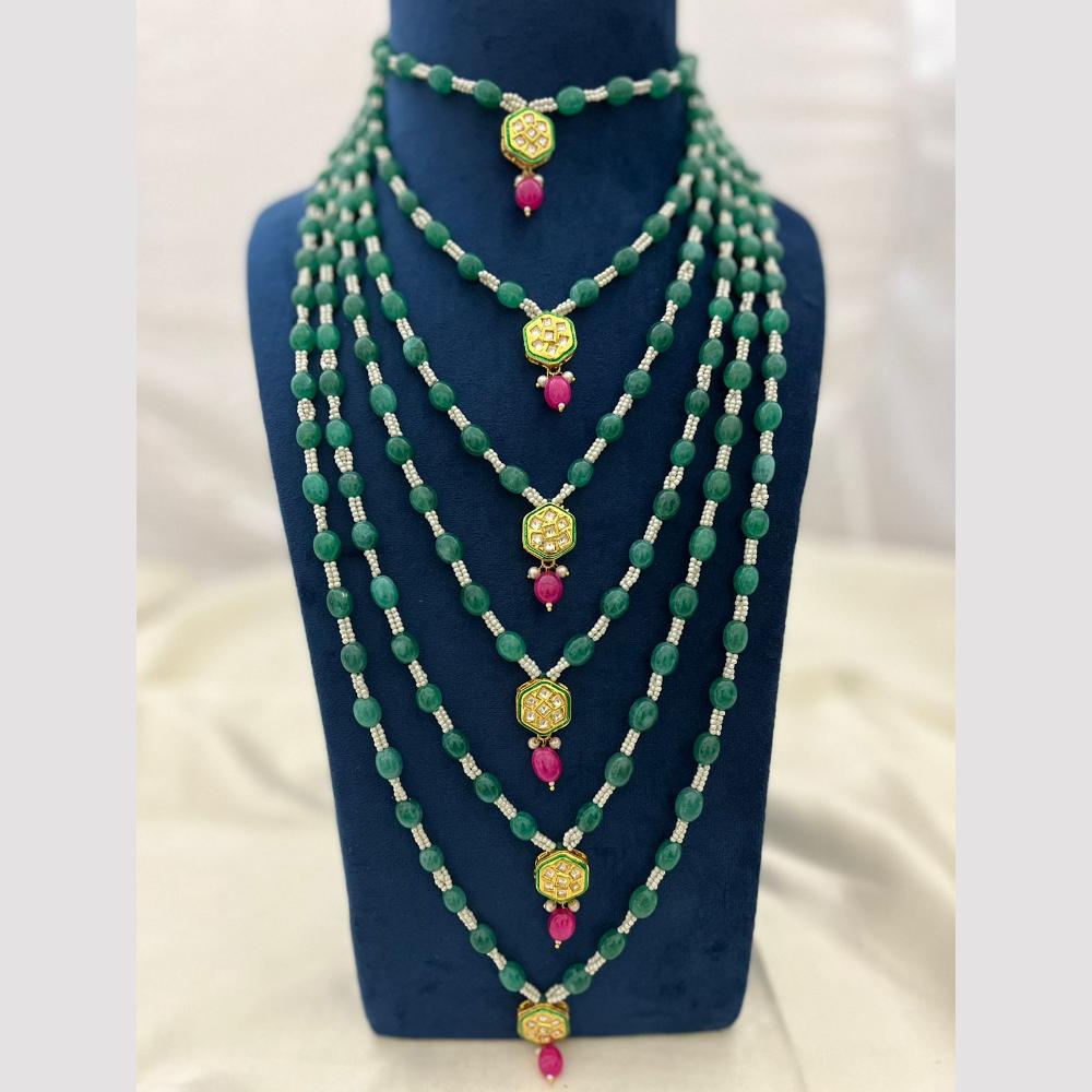 FS Collection Gold Plated Beads And Kundan Multi Layer Long Necklace Set