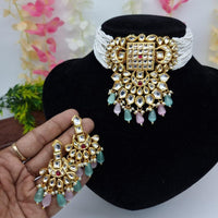 FS Collection Gold Plated Kundan Stone And Beads Choker Necklace Set