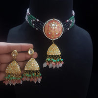 FS Collection Gold Plated Kundan Stone And Beads Meenakari Choker Necklace Set