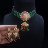 FS Collection Gold Plated Kundan Stone And Beads Meenakari Choker Necklace Set