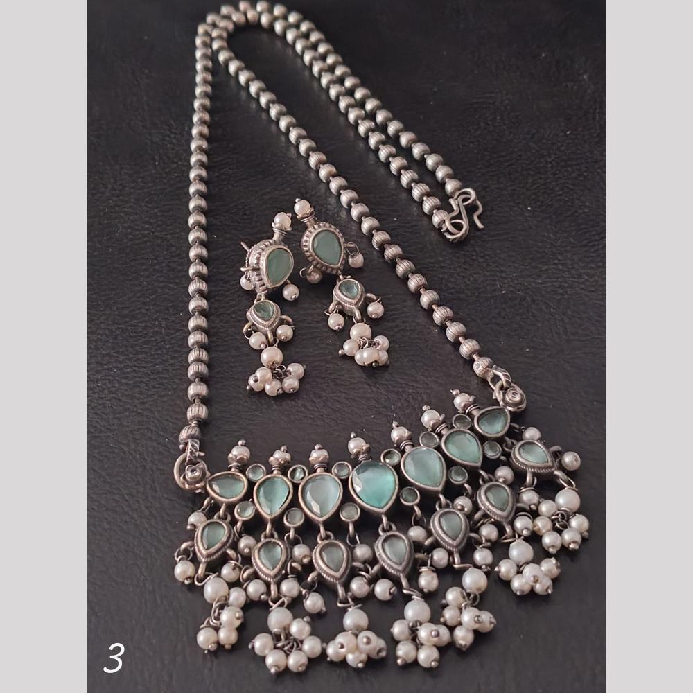 FS Collection Oxidised Plated Pota Stone And Pearls Necklace Set