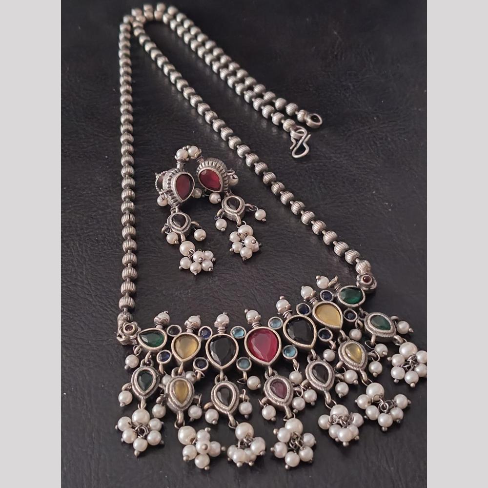 FS Collection Oxidised Plated Pota Stone And Pearls Necklace Set