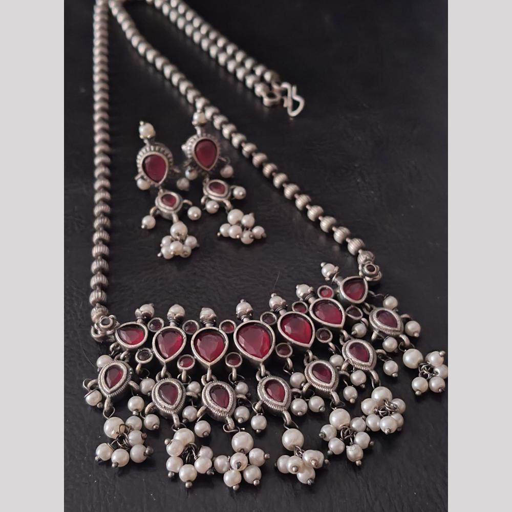 FS Collection Oxidised Plated Pota Stone And Pearls Necklace Set