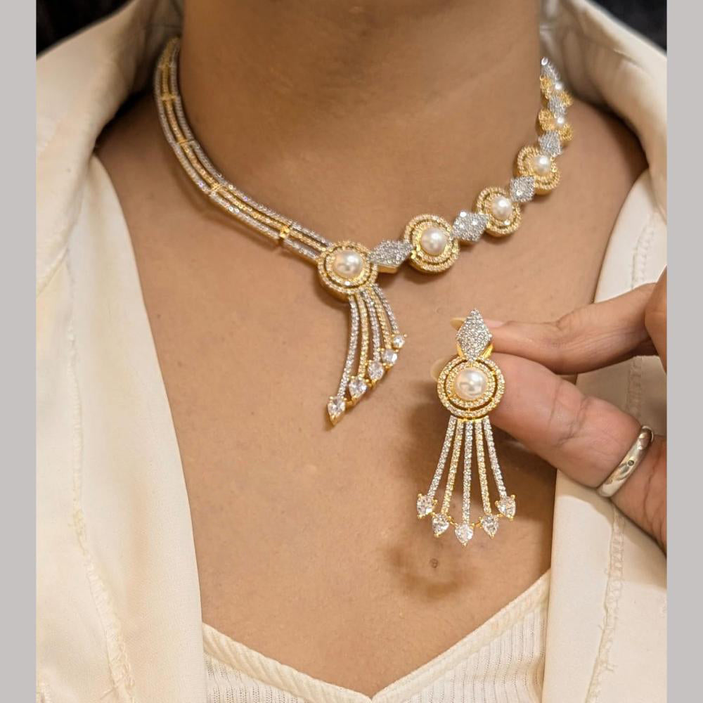 FS Collection Gold Plated American Diamond And Pearls Necklace Set