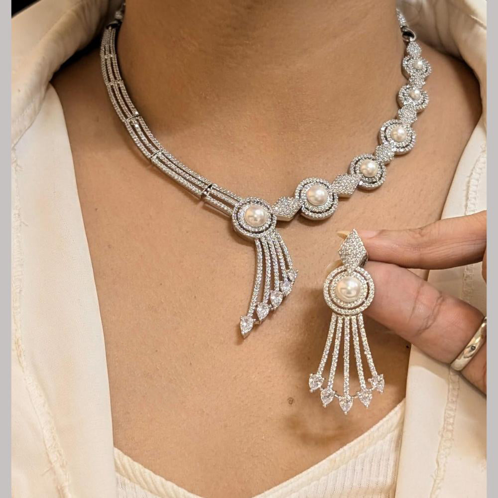 FS Collection Silver Plated American Diamond And Pearls Necklace Set