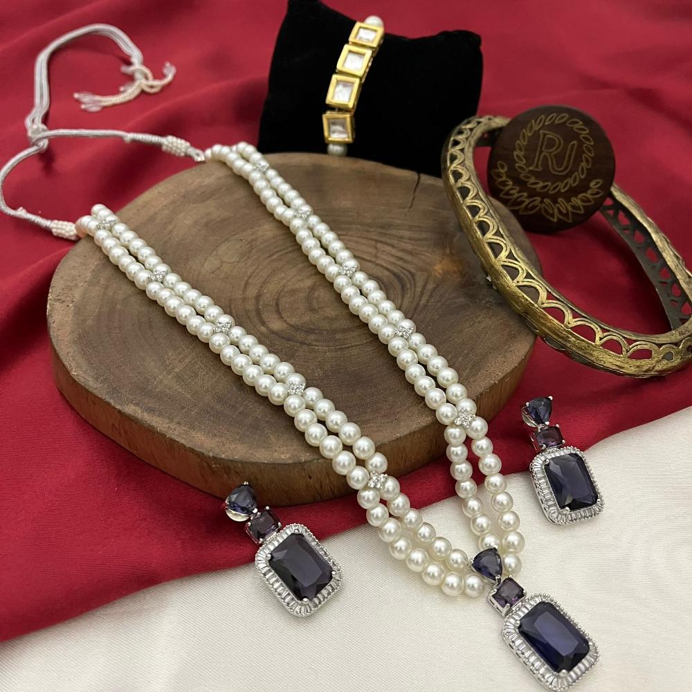 FS Collection Silver Plated American Diamond And Beads Long Necklace Set