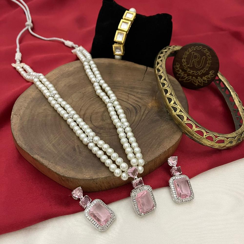 FS Collection Silver Plated American Diamond And Beads Long Necklace Set