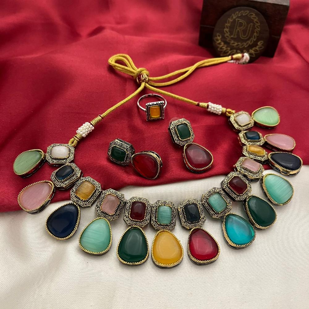 FS Collection 2 Tone Plated Pota Stone Necklace Set