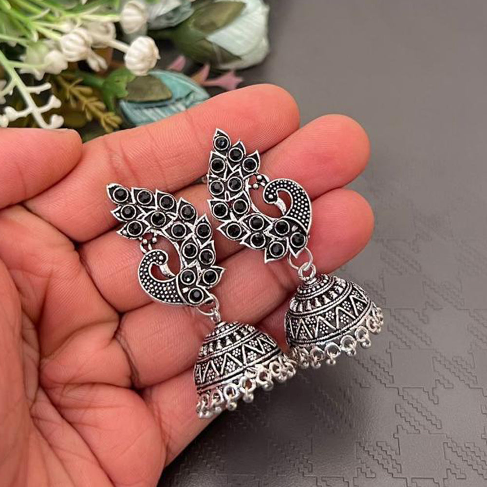 FS Collection Oxidised Plated Pota Stones Traditional Elegance Jhumki Earrings