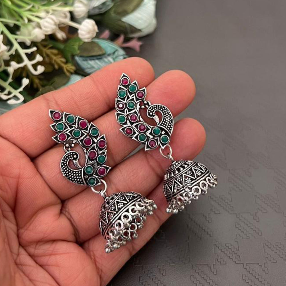 FS Collection Oxidised Plated Pota Stones Traditional Elegance Jhumki Earrings