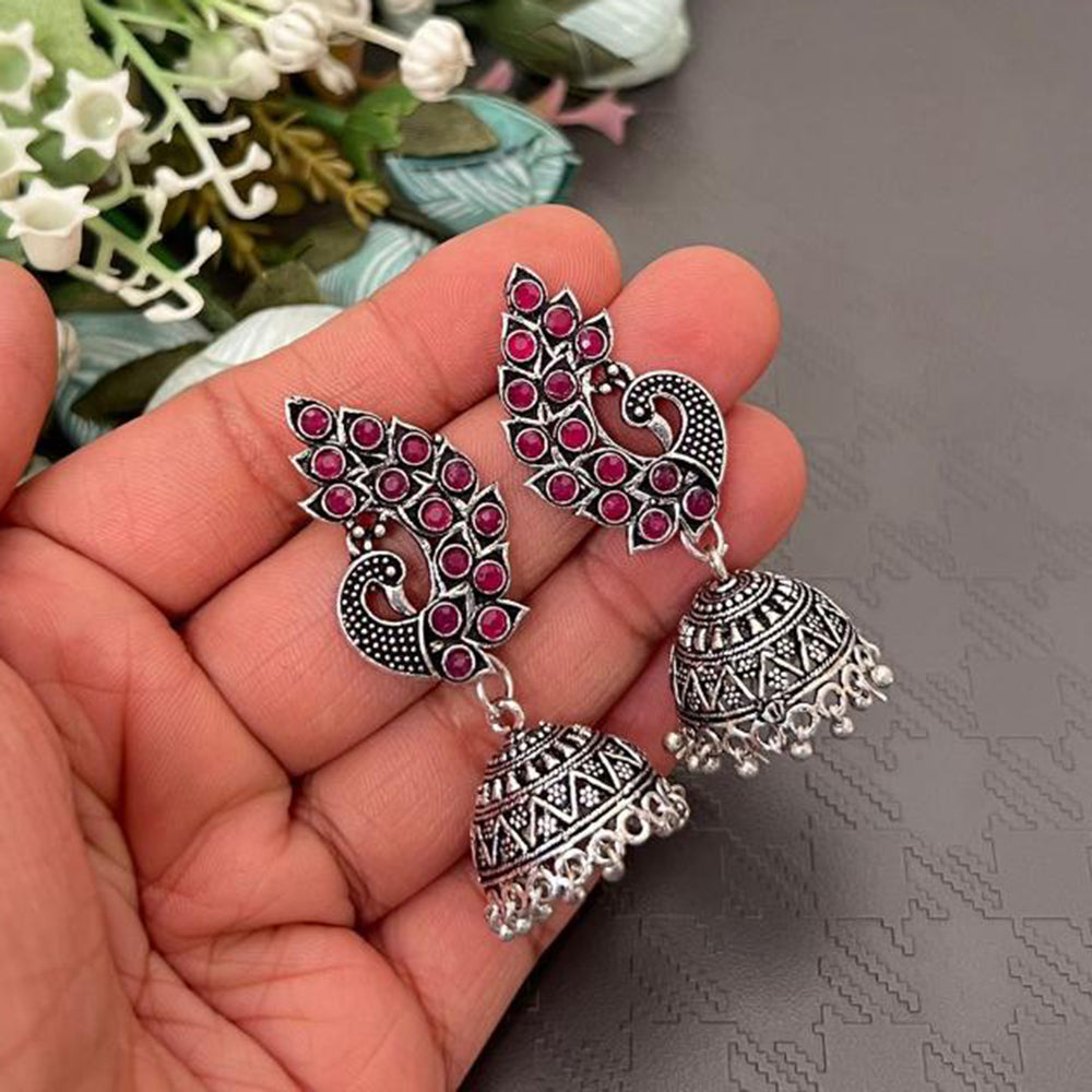 FS Collection Oxidised Plated Pota Stones Traditional Elegance Jhumki Earrings
