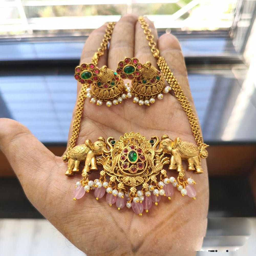 FS Collection Luxury Gold Plated Elephant Choker Necklace with Pota and Beads