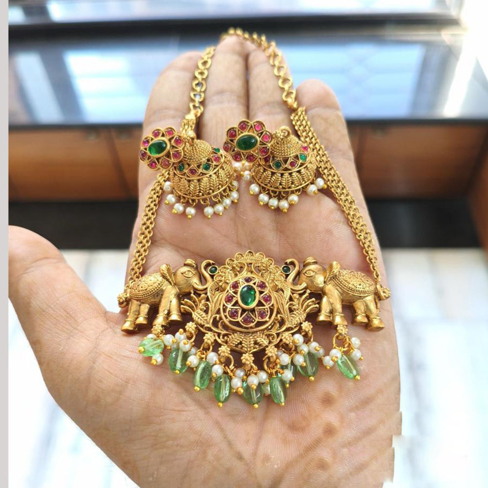 FS Collection Luxury Gold Plated Elephant Choker Necklace with Pota and Beads