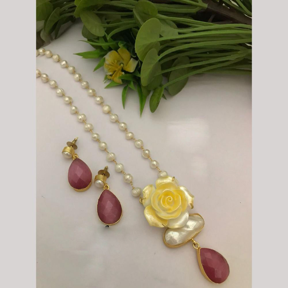 FS Collection Designer Gold Plated Mother of Pearls Rose Stylish Long Necklace Set