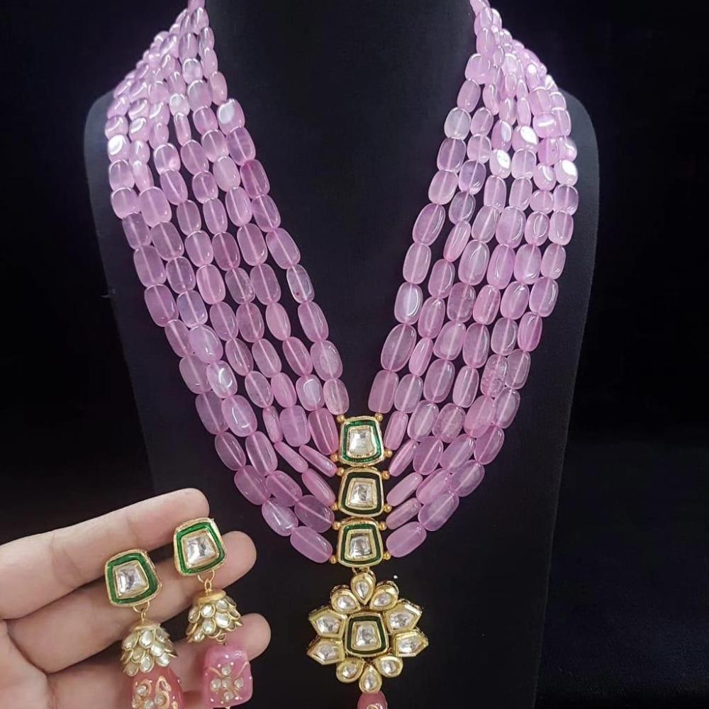 FS Collection Designer Gold Plated Kundan & Beads Multi Layer Long Necklace Set