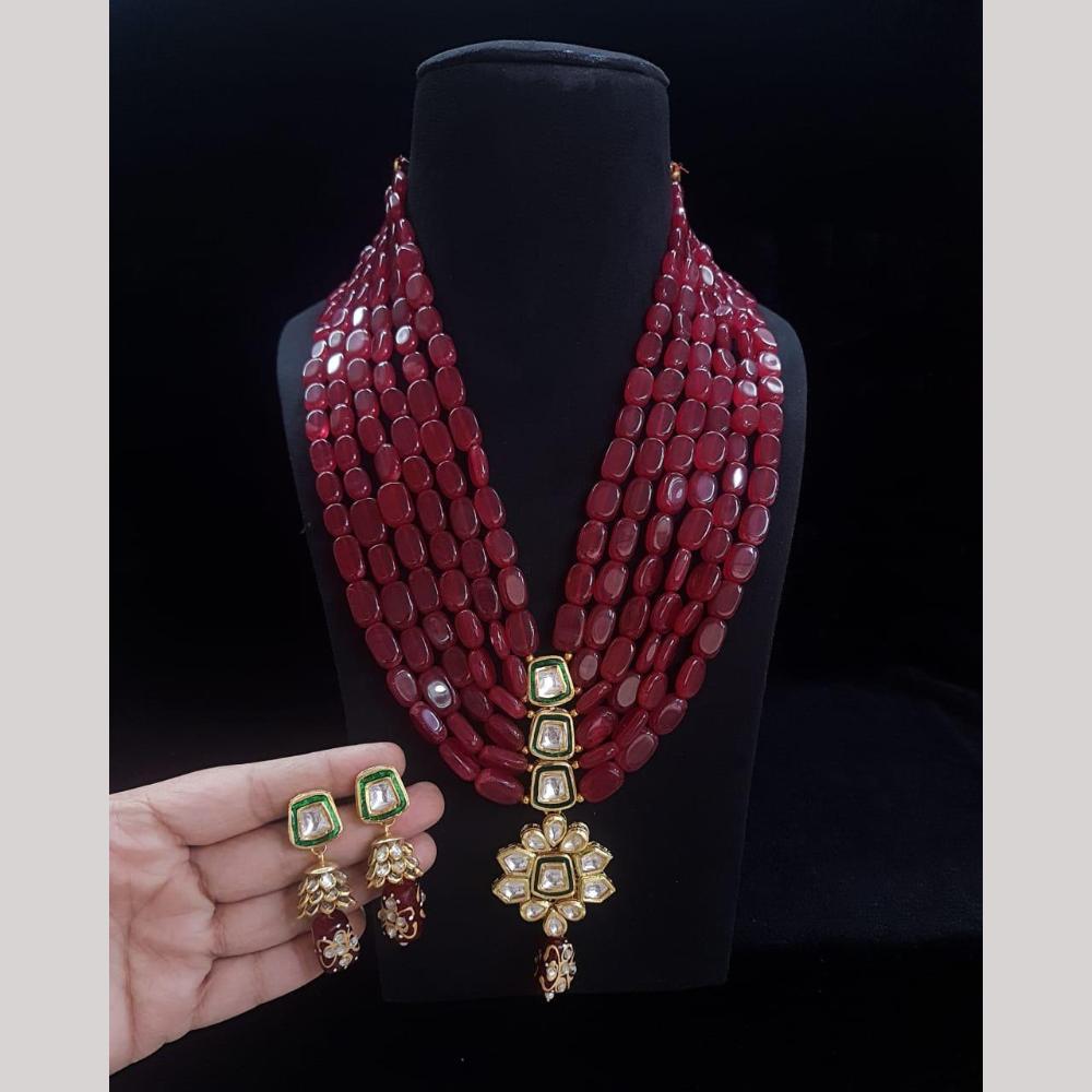 FS Collection Designer Gold Plated Kundan & Beads Multi Layer Long Necklace Set