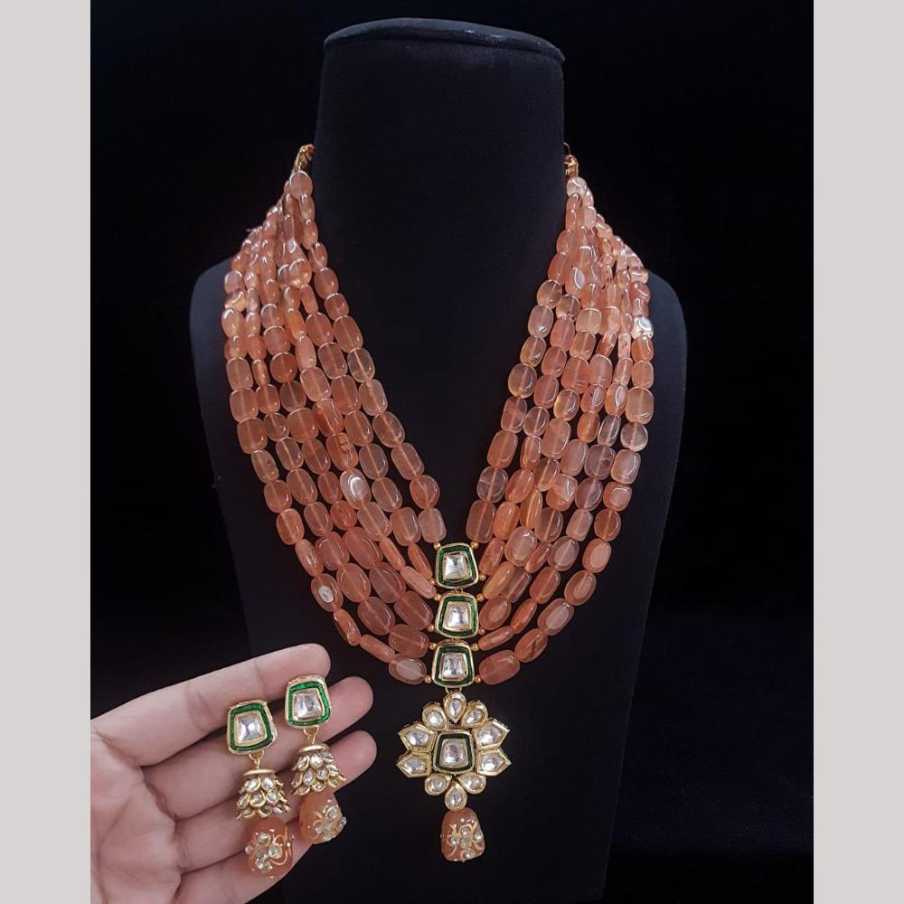 FS Collection Designer Gold Plated Kundan & Beads Multi Layer Long Necklace Set