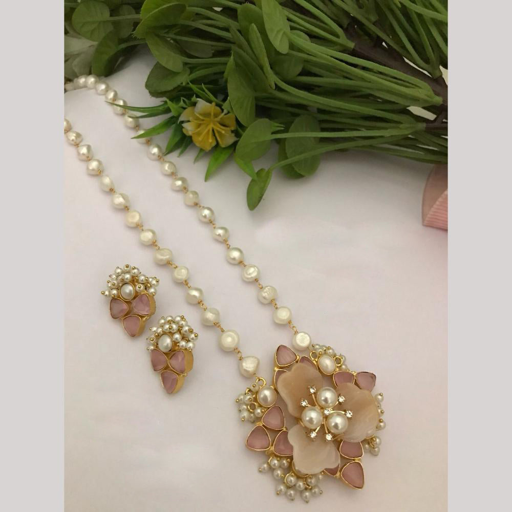 FS Collection Stunning Gold Plated Pota and Pearls Classic Long Necklace Set
