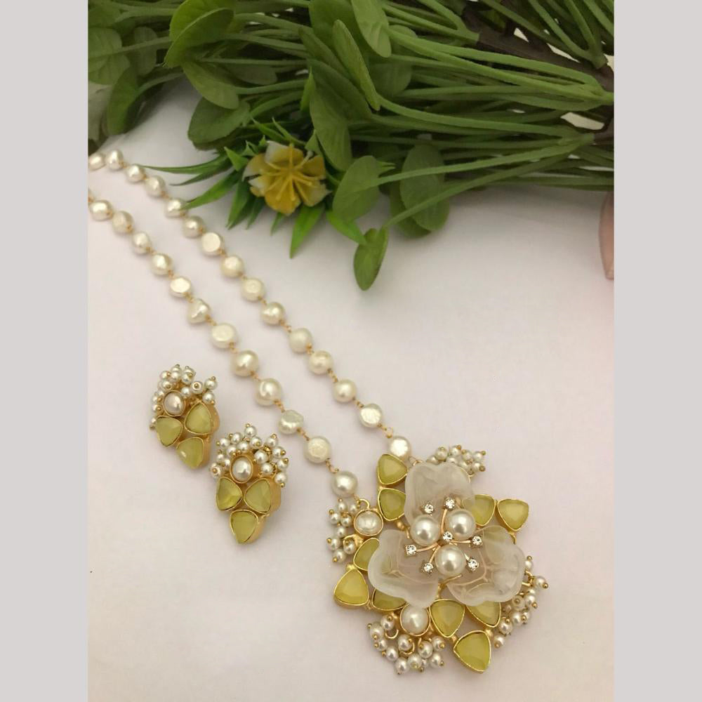 FS Collection Stunning Gold Plated Pota and Pearls Classic Long Necklace Set
