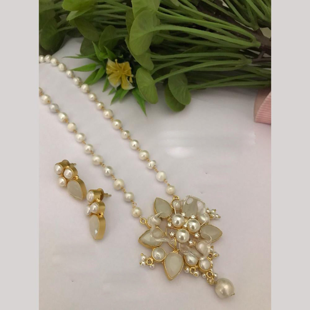 FS Collection Stunning Gold Plated Pota and Pearls Classic Long Necklace Set