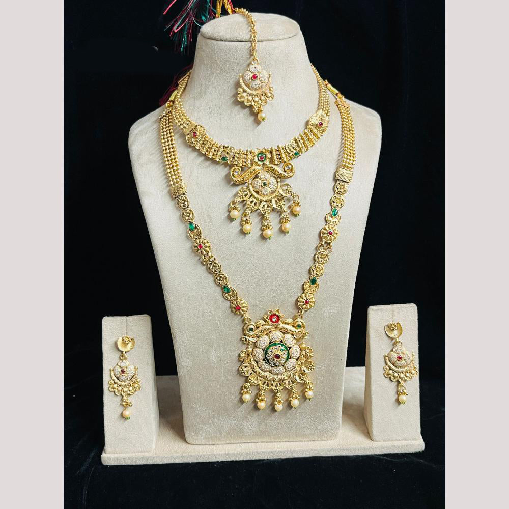FS Collection Gold Finish Pota And Pearl Traditional Meenakari Double Necklace Set
