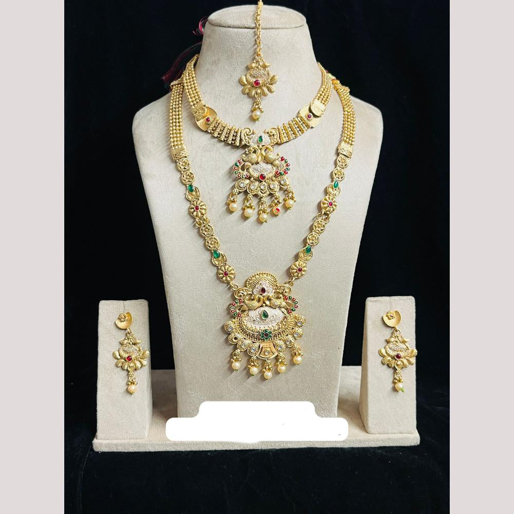 FS Collection Gold Finish Pota And Pearl Traditional Meenakari Double Necklace Set
