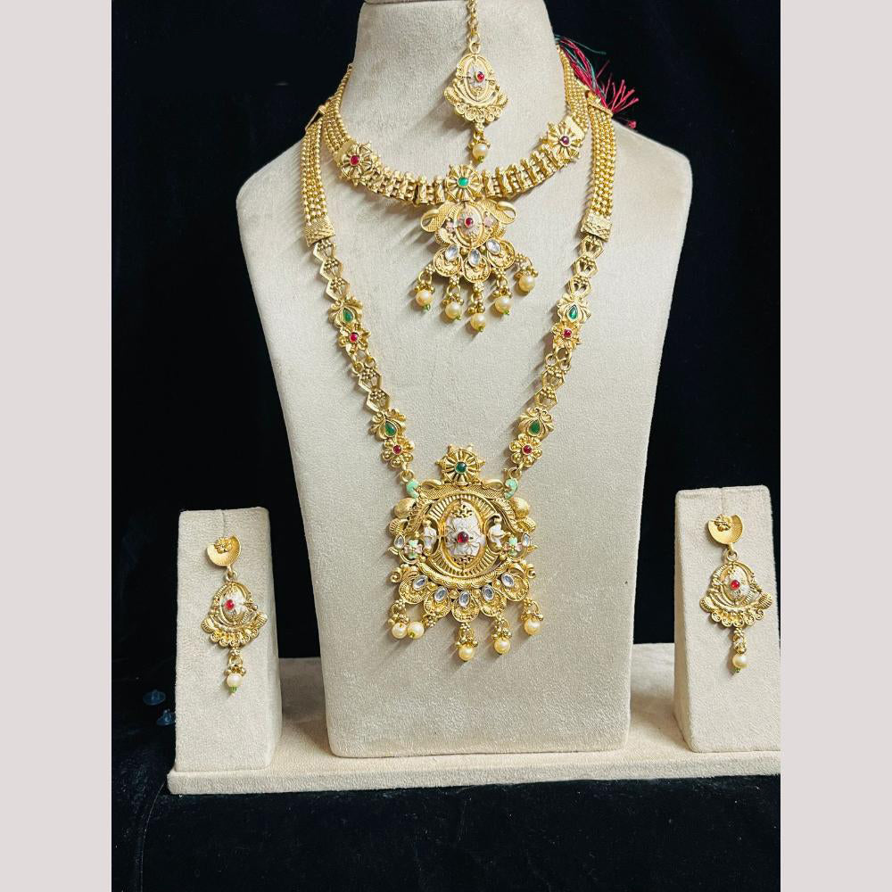 FS Collection Gold Finish Pota And Pearl Traditional Meenakari Double Necklace Set