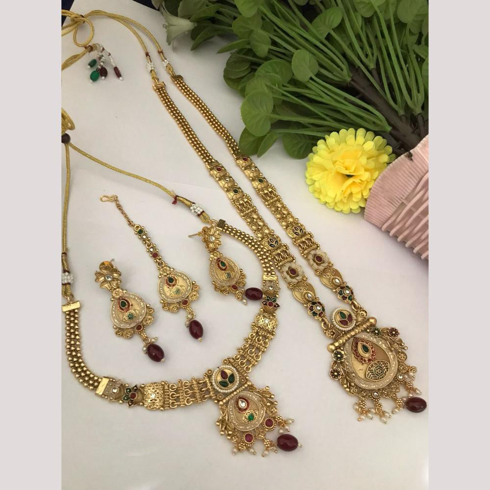 FS Collection Gold Finish Pota And Pearl Traditional Meenakari Double Necklace Set