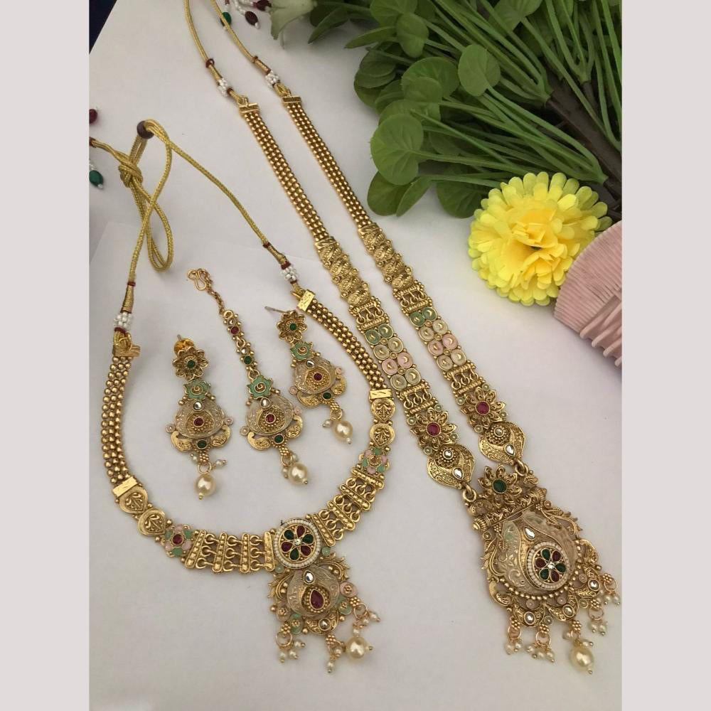 FS Collection Gold Finish Pota And Pearl Traditional Meenakari Double Necklace Set