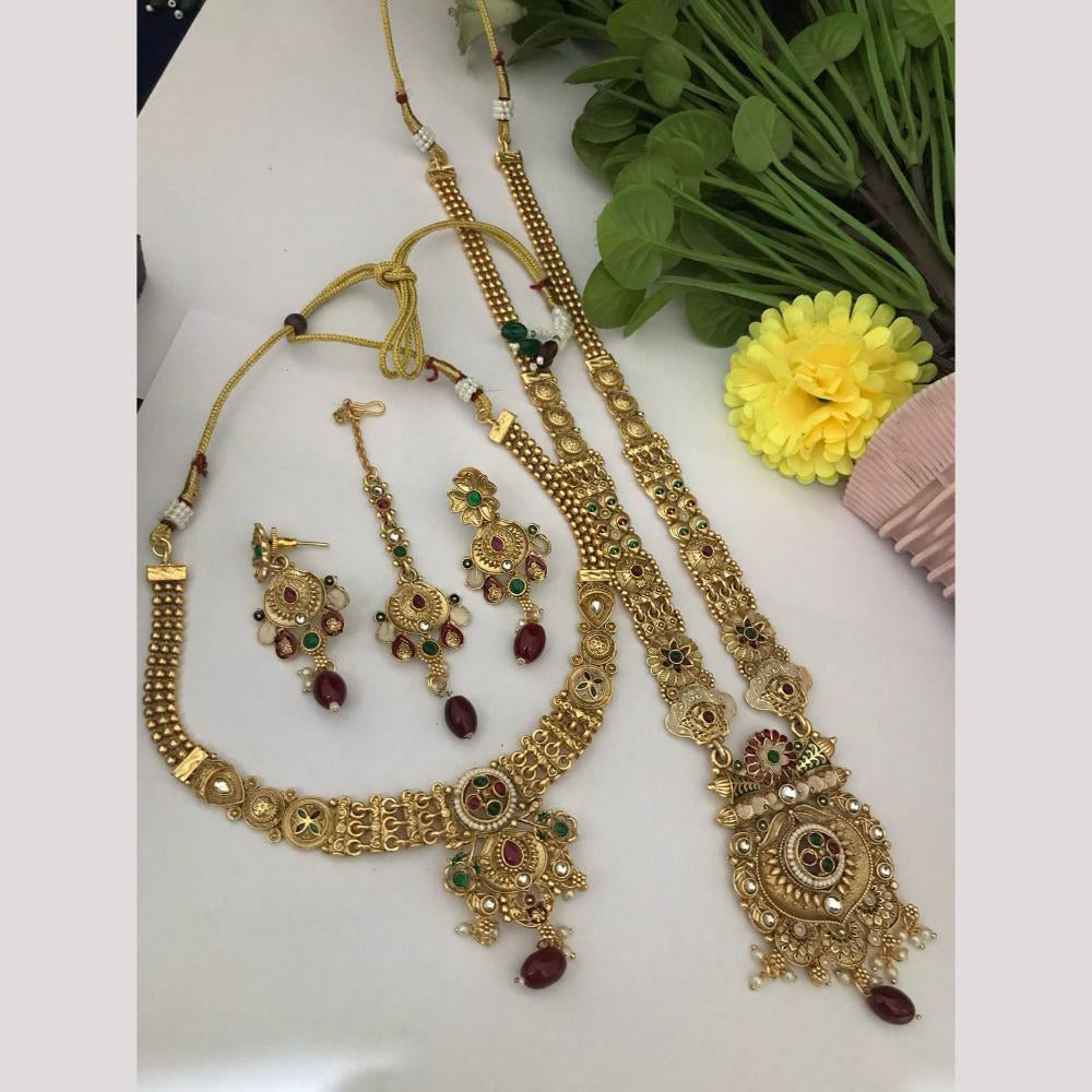 FS Collection Gold Finish Pota And Pearl Traditional Meenakari Double Necklace Set