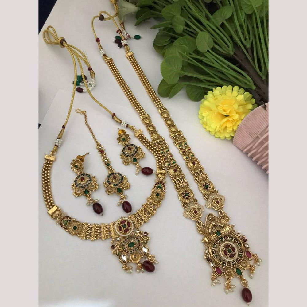 FS Collection Gold Finish Pota And Pearl Traditional Meenakari Double Necklace Set