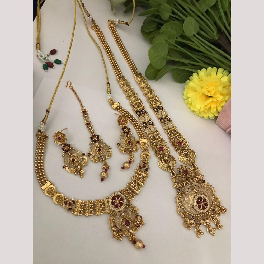 FS Collection Gold Finish Pota And Pearl Traditional Meenakari Double Necklace Set