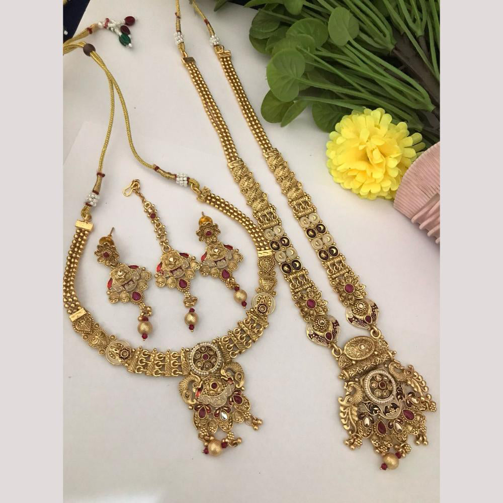 FS Collection Gold Finish Pota And Pearl Traditional Meenakari Double Necklace Set