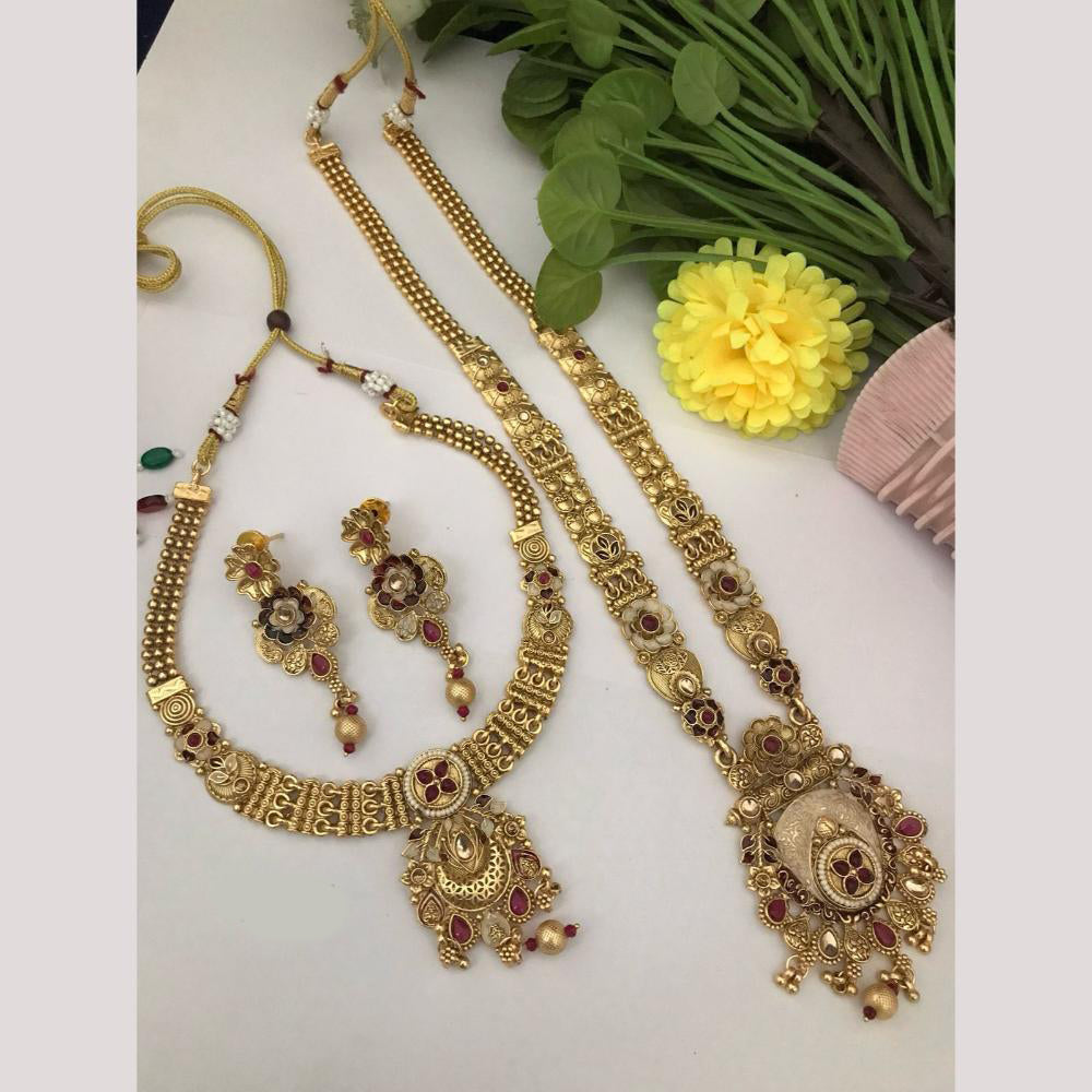 FS Collection Gold Finish Pota And Pearl Traditional Meenakari Double Necklace Set