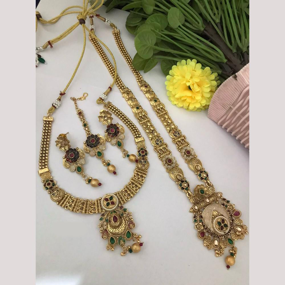 FS Collection Gold Finish Pota And Pearl Traditional Meenakari Double Necklace Set