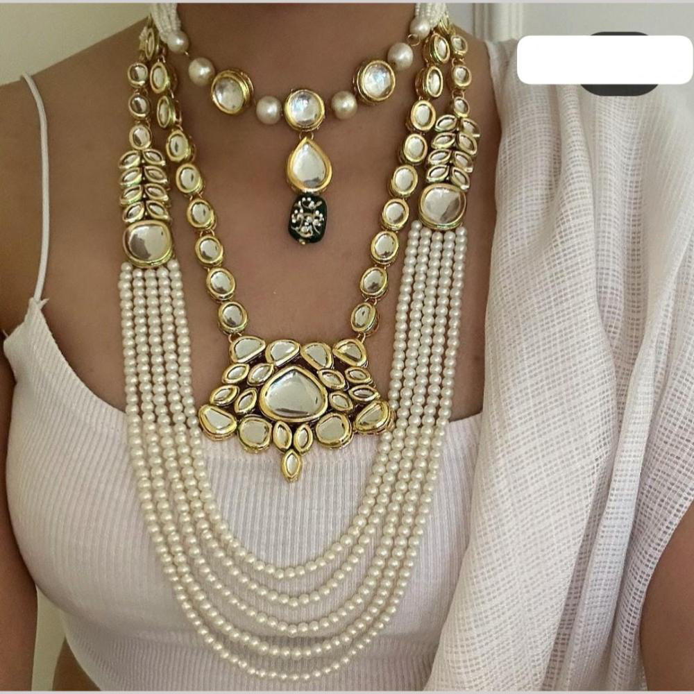 FS Collection Gold Plated Kundan Work And Beads Combo Necklace Set