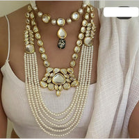 FS Collection Gold Plated Kundan Work And Beads Combo Necklace Set