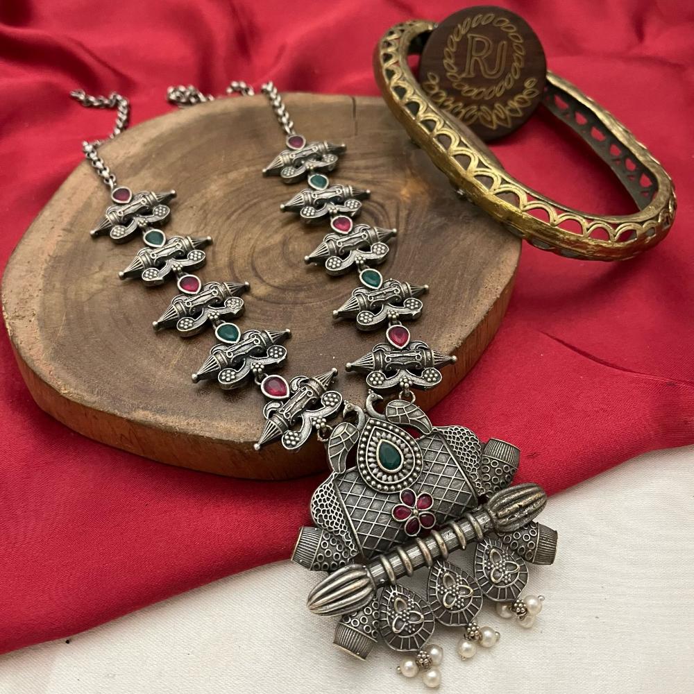FS Collection Antique Oxidised Plated Pota Stones & Pearls Necklace Set