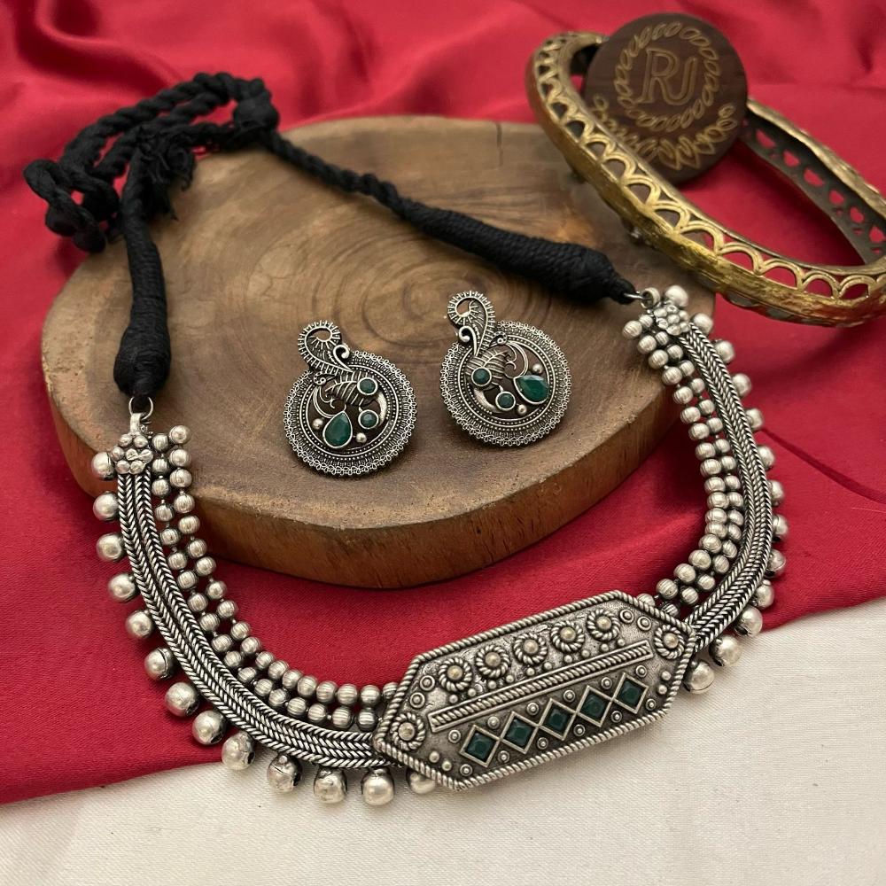 FS Collection Antique Oxidised Plated Green Color Pota Stones Necklace Set